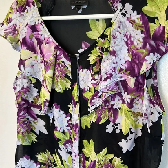 Worthington Women’s Blouse Black/Purple Floral Size Large - Picture 2 of 4